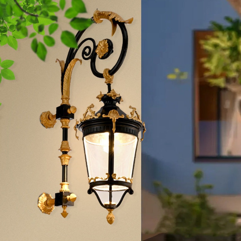 Traditional European Waterproof Aluminum Glass Lantern Carved LED Wall Sconce Lamp For Outdoor Patio