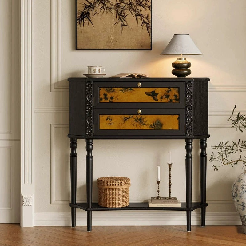 Traditional French Ash Wood Muslin Trapezoidal Carved Side Table 2-Cabinet For Entryway