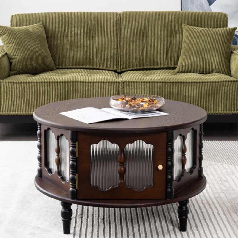 Traditional French Cylinder Red Oak Solid Wood Glass Coffee Table 1 - Cabinet For Living Room