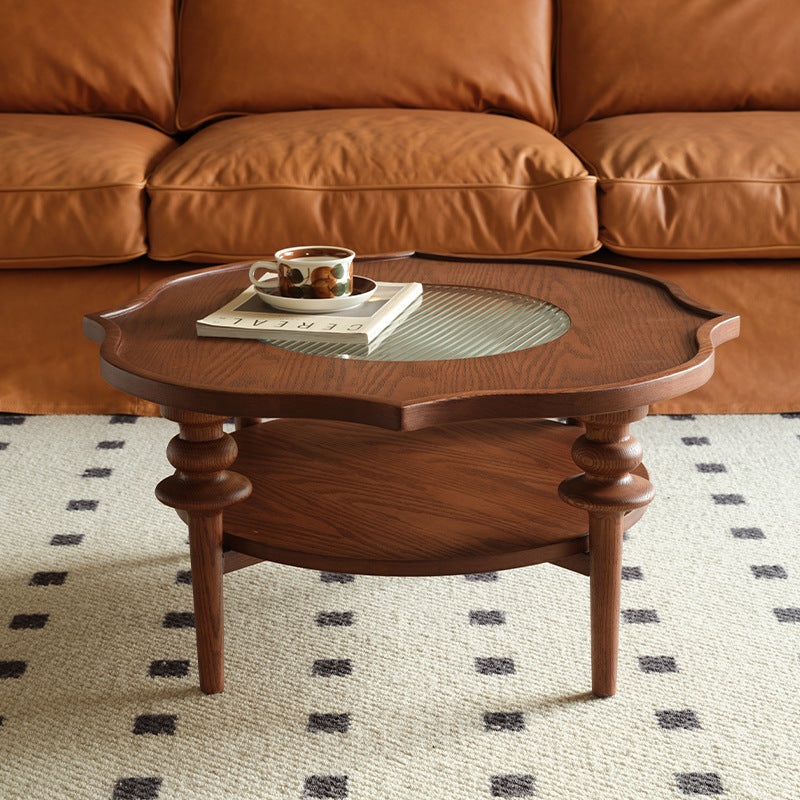 Traditional French Round Petal Shape Solid Wood Glass Coffee Table 2-Tier For Living Room