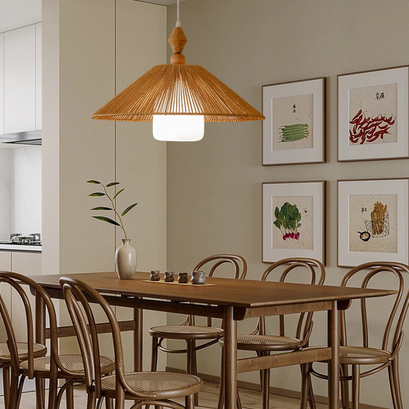 Traditional Japanese Cone Wood Paper Rope 1-Light Pendant Light For Living Room