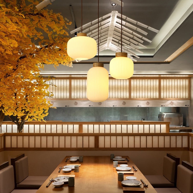 Traditional Japanese Cylinder Round Distressed Glass Wood 1-Light Pendant Light For Living Room