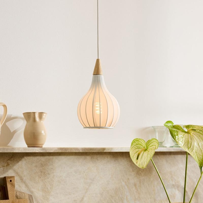 Traditional Japanese Gourd Stretch Fabric Solid Wood 1-Light Pendant Light For Bedroom