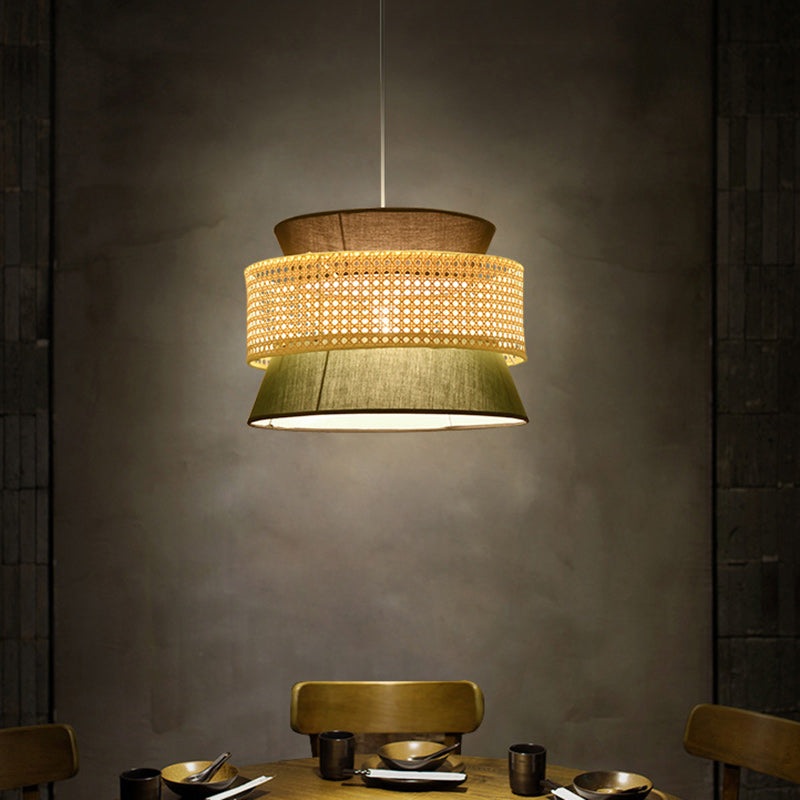Traditional Japanese Rattan & Fabric Round Trapezoid 1-Light Pendant Light For Dining & Living Room