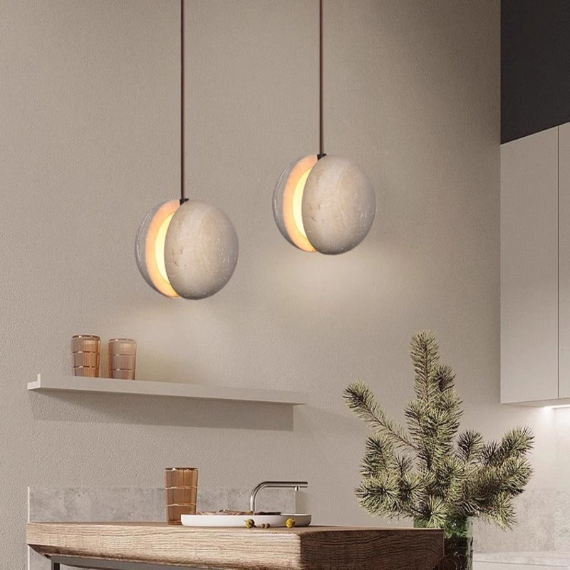 Traditional Japanese Yellow Travertine Acrylic Globe 1-Light Pendant Light For Bedroom & Living Room
