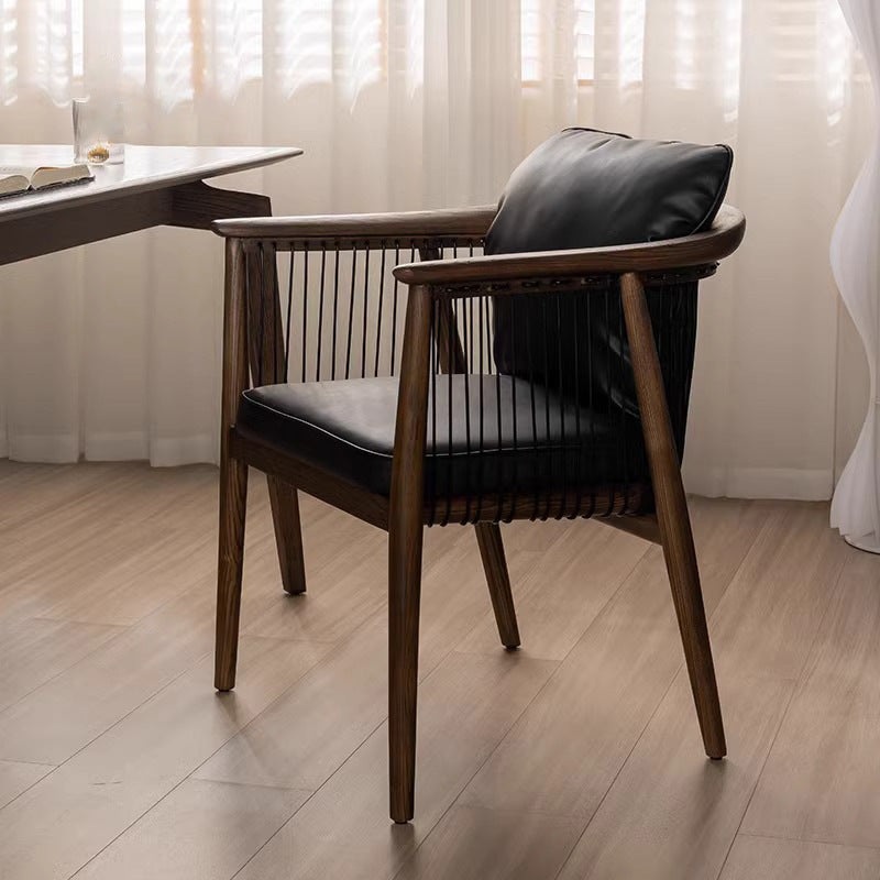 Traditional Vintage Square Ash Wood Microfiber Leather Cowhide Dining Chair Backrest Armrest For Dining Room