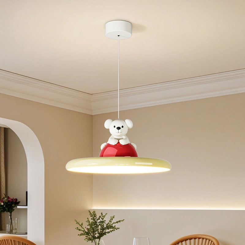 Contemporary Creative Cartoon Kids Bear Circle Iron Acrylic LED Pendant Light For Bedroom