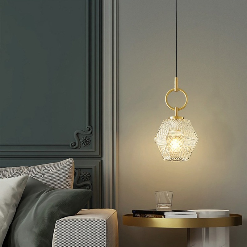 Contemporary Nordic Dome Polygonal Cube Transparent Glass Lampshade Copper 1 - Light Pendant Light For Bedside