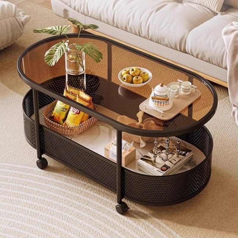 Contemporary Nordic Removable Cream Oval Iron Glass Coffee Table 2-Tier For Living Room