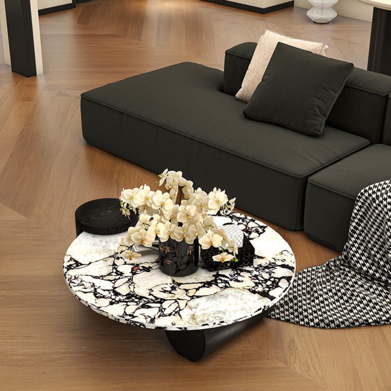 Contemporary Scandinavian Round Marble Solid Wood Coffee Table 1 - Tier For Living Room