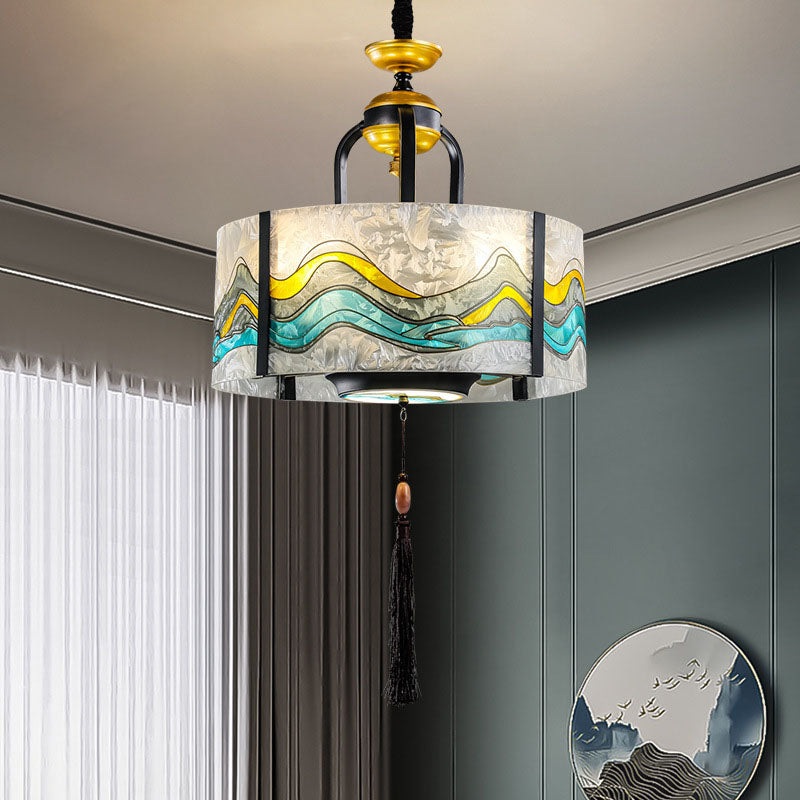 Traditional Chinese Enamel Cylinder Shade Tassel Iron Acrylic 4-Light Chandeliers For Dining Room