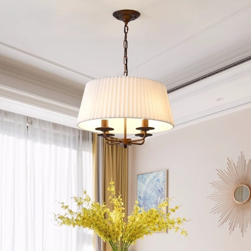Traditional Vintage Drum Iron Fabric 4-Light Chandeliers For Living Room
