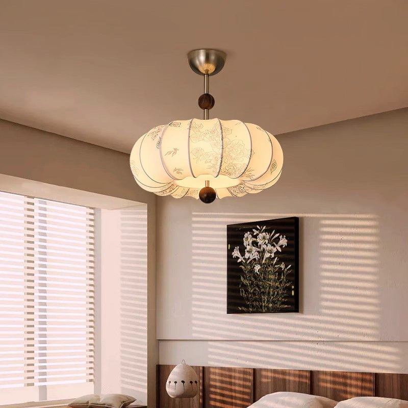 Traditional Vintage Pumpkin Fabric Wood 3/5-Light Chandelier For Living Room