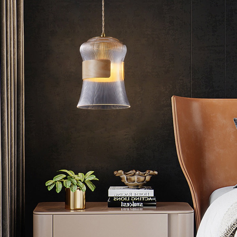 Contemporary Retro Cup Shape Ribbed Glass Brass Wood 1 - Light Pendant Light For Living Room
