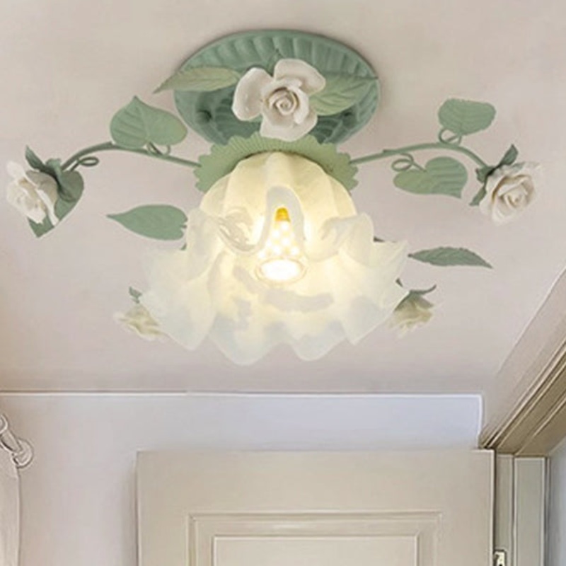 Traditional French Bellflower Leaf Iron Ceramic Glass Shade 1-Light Semi-Flush Mount Ceiling Light For Living Room