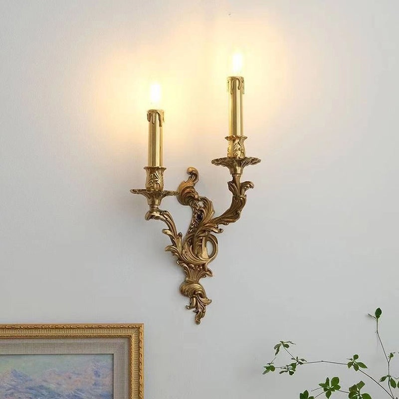 Traditional French Branch Sconce Lamp Carved Copper 2/3 Light Wall Sconce Lamp For Bedroom