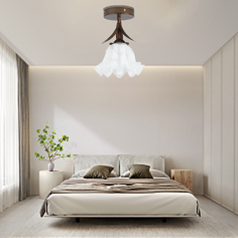 Traditional Vintage Flower Iron Glass 1-Light Semi-Flush Mount Ceiling Light For Living Room