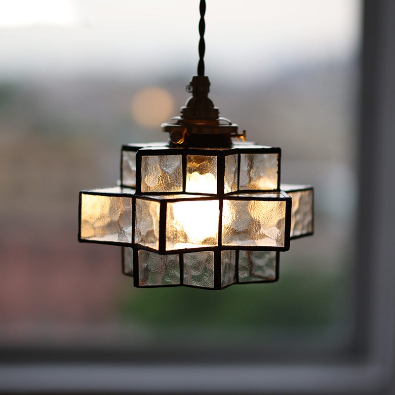Traditional Vintage Glass Brass Triple Layered Hexagonal Star 1-Light Pendant Light For Dining Room