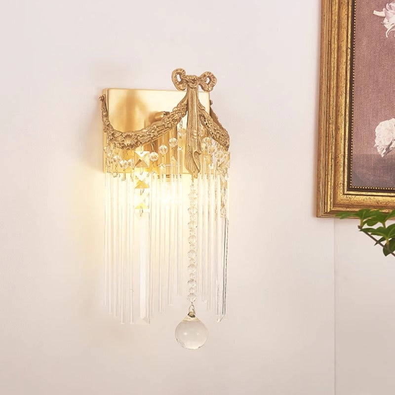 Traditional Vintage Rectangle Ribbon Tassel Copper Glass Crystal 1-Light Wall Sconce Lamp For Bedroom