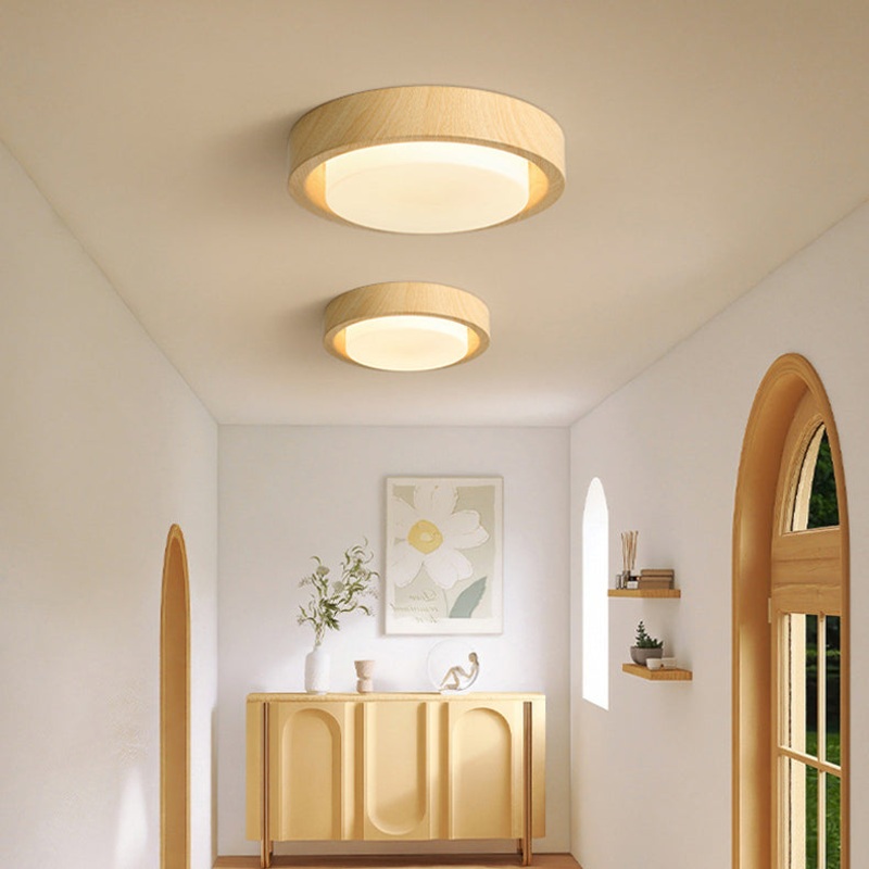 Contemporary Nordic Round Wood Iron Glass LED Flush Mount Ceiling Light For Hallways