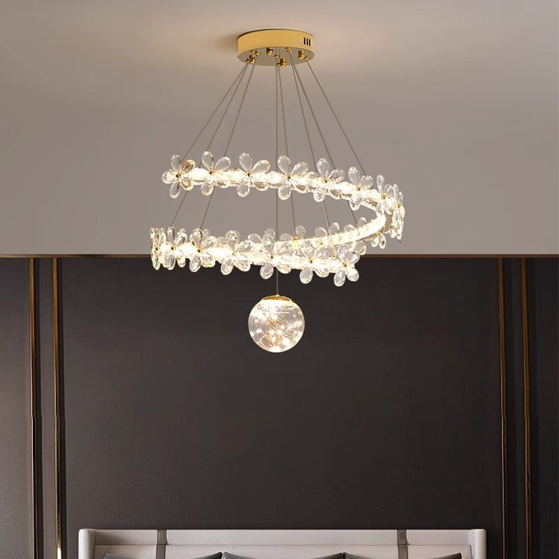 Contemporary Scandinavian Dome Crystal Flowers Orb Stainless Steel Lampshade LED Chandeliers For Living Room