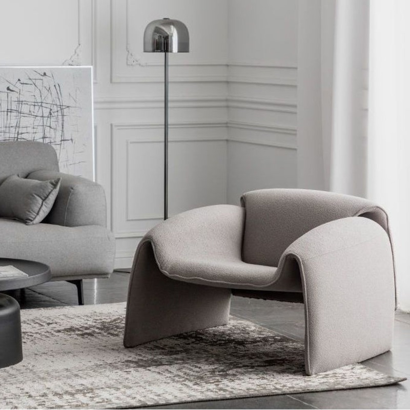 Modern Minimalist Trapezoid Back Plywood Leather Lambswool Accent Chair Backrest Armrest For Living Room
