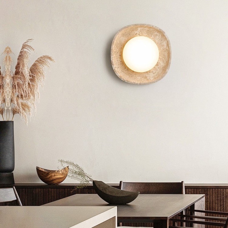 Traditional Japanese Round Yellow Travertine Rotational Molding LED Wall Sconce Lamp For Living Room