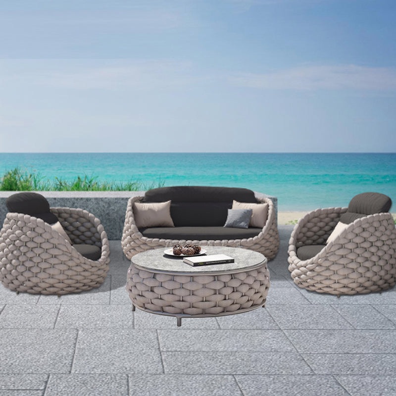 Contemporary Coastal Round Fabric Aluminum Rock Slab Coffee Table 1-Tier For Outdoor