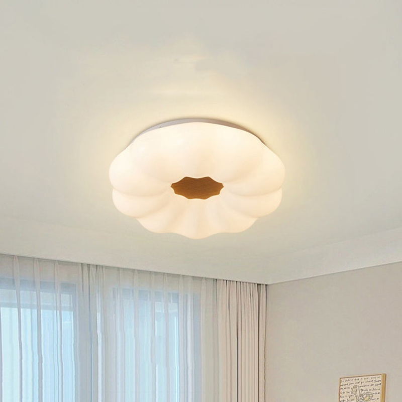 Contemporary Creative Pumpkin Shape Hardware Wood Acrylic Shade LED Flush Mount Ceiling Light For Bedroom
